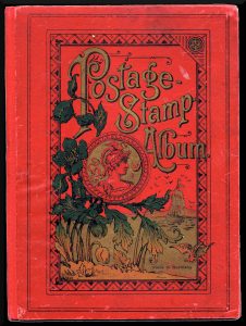 The beautifully illustrated cover of a stamp album produced in Germany in the late nineteenth century for the English-speaking market. It's tempting to think the chap in the middle is Mercury, the winged messenger. He has had a long association with stamps and the Universal Postal Union (established 1874) employs him in their logo. But here the wings are attached to a creature rather than Mercury's usual helmet.