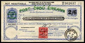 A two shillings and sixpence British postal order which has been overprinted by the Provisional Irish Government. A one penny stamp, similarly overprinted using traditional Irish orthography, has been added to bring the total value up to 2/7. The Provisional Irish Government was a transitional administration which existed for just under a year between the ratifying of the Anglo-Irish Treaty and the establishment of the Irish Free State.