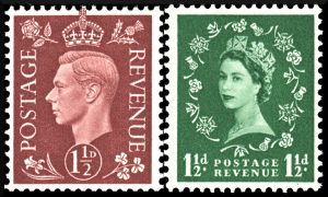 These are definitives, the everyday stamps of a nation. They come in a large variety of values, often matching the prevailing postage rates, and stay in circulation for a long time. Both these stamps include flowers and leaves in their design, referencing the four nations of the United Kingdom. From 1967 all such symbols (and even all wording) were dropped from UK definitives.