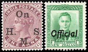 Overprinted Officials. Interesting how typography changed over 60 years: in the 1880s they went for a slab-serif typeface for the overprint, possibly Robert Besley's 'Clarendon' of 1845; in the 1940s it was sans-serif, which I would put money on being Eric Gill's 'Sans' from 1926. Note also how the Victorians wrote, rather clumsily, On H. M. S. whereas we would simply write OHMS. And that ffi on the New Zealand stamp has got to be my favourite ligature.